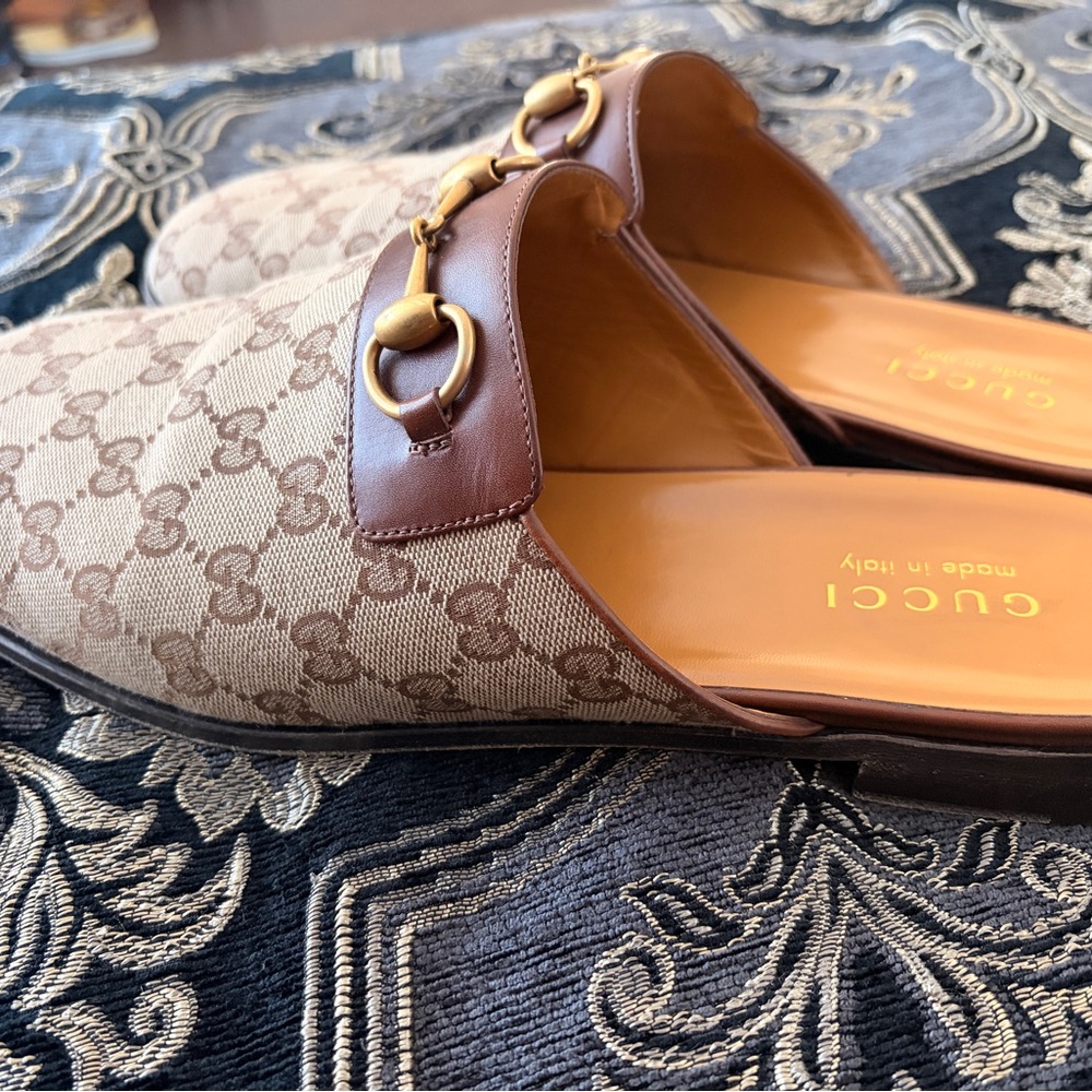 Gucci Beige and Brown Monogram Mules with Gold Detail - Picture 2 of 8